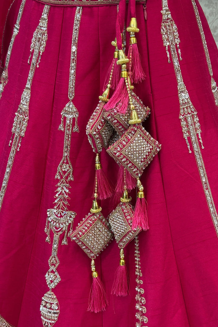 Rani Pink Zari, Sequins, Beads and Zardozi work Crop Top Designer Bridal Lehenga with Belt