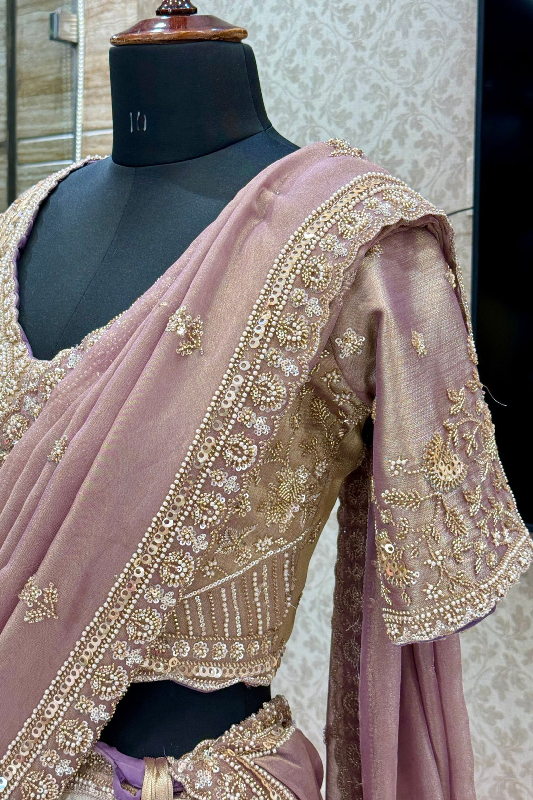 Cream with Lavender Sequins, Pearl, Beads and Zardozi work Crop Top Designer Bridal Lehenga