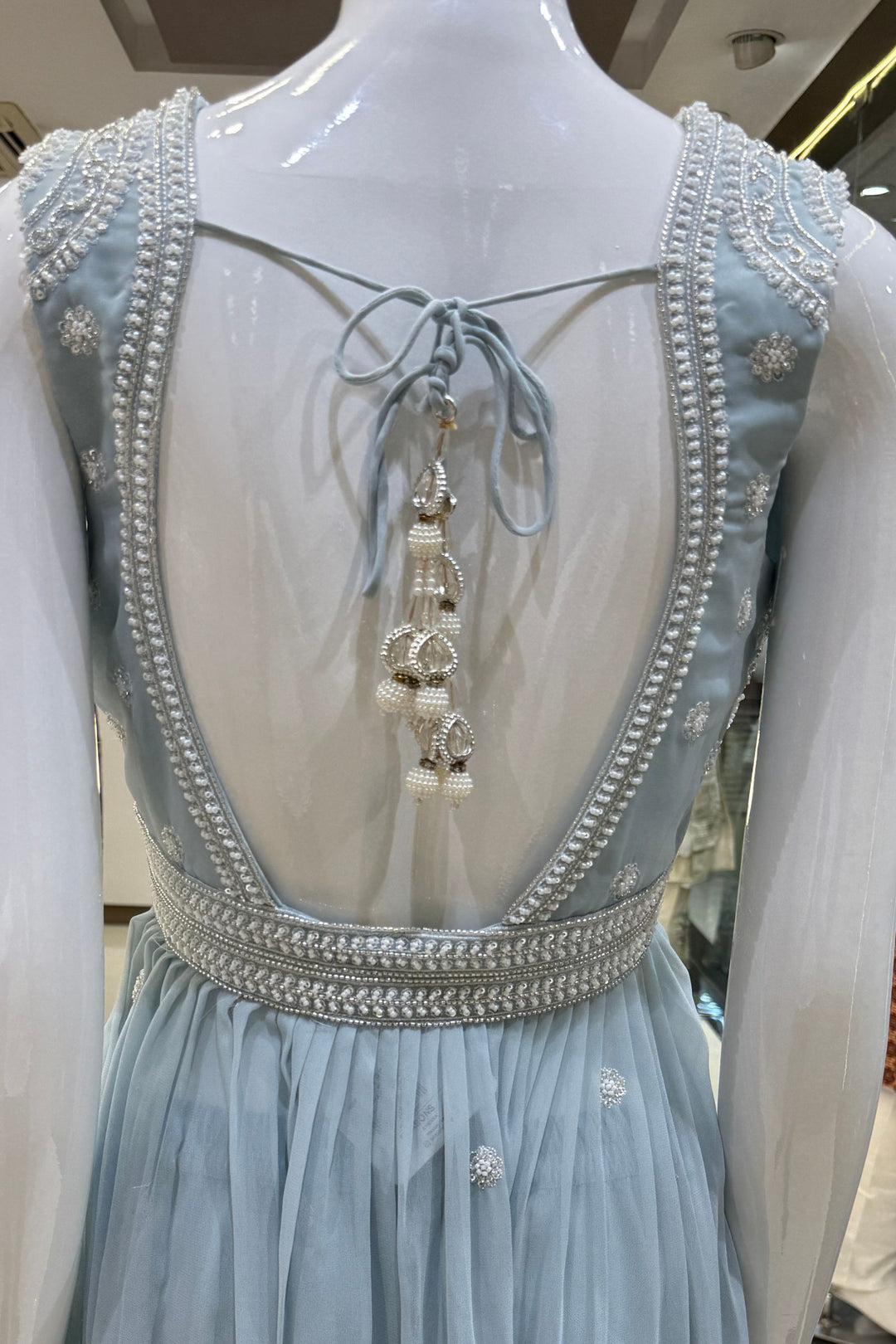 Sky Blue Beads, Sequins and Thread work Peplum Top with Sharara Suit Set