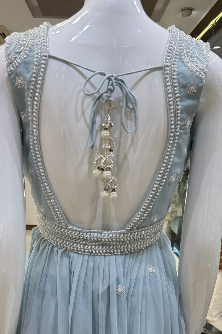 Sky Blue Beads, Sequins and Thread work Peplum Top with Sharara Suit Set