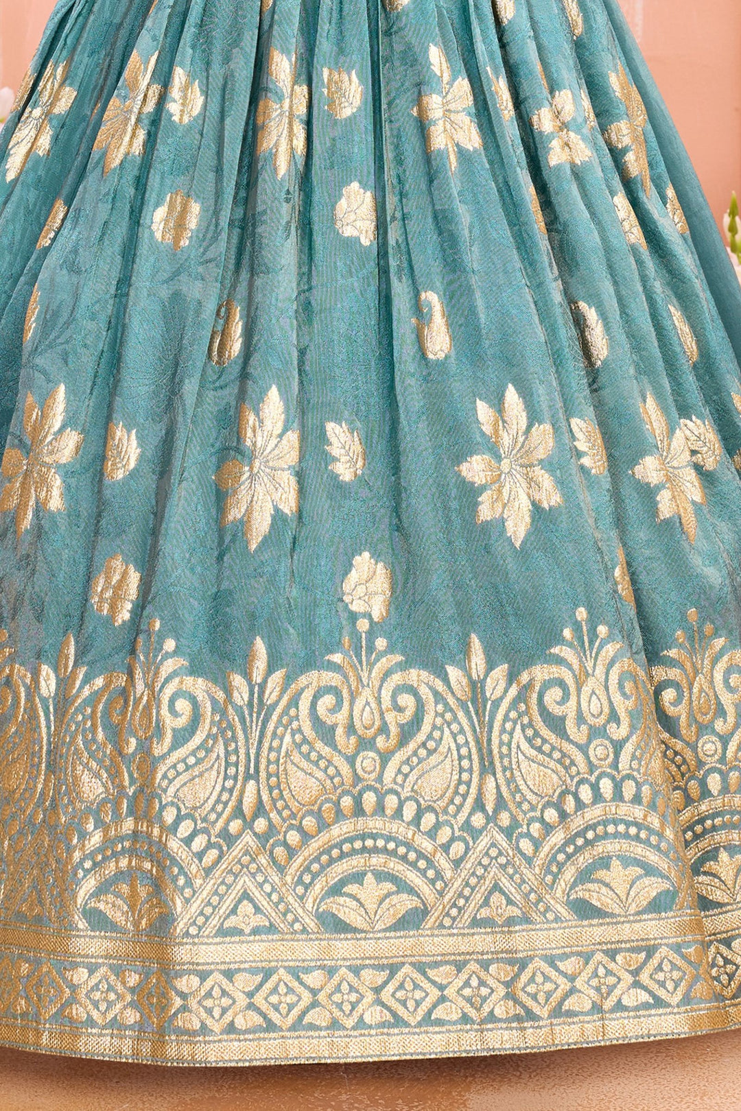 Sea Green Banaras Zari, Beads, Sequins, Stone and Zardozi work Long Party Gown for Girls