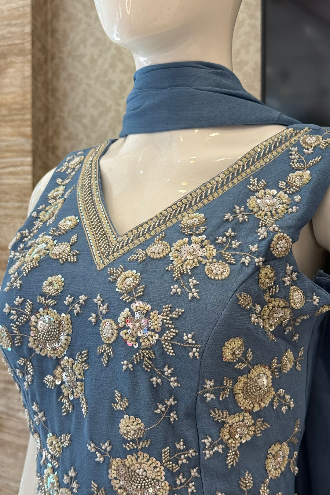 Sea Blue Beads, Zari and Sequins work Palazzo Salwar Suit