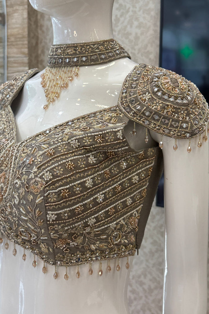 Designer Grey Lehenga with Intricate Beads, Zardozi, Mirror, Kundan and Sequins work