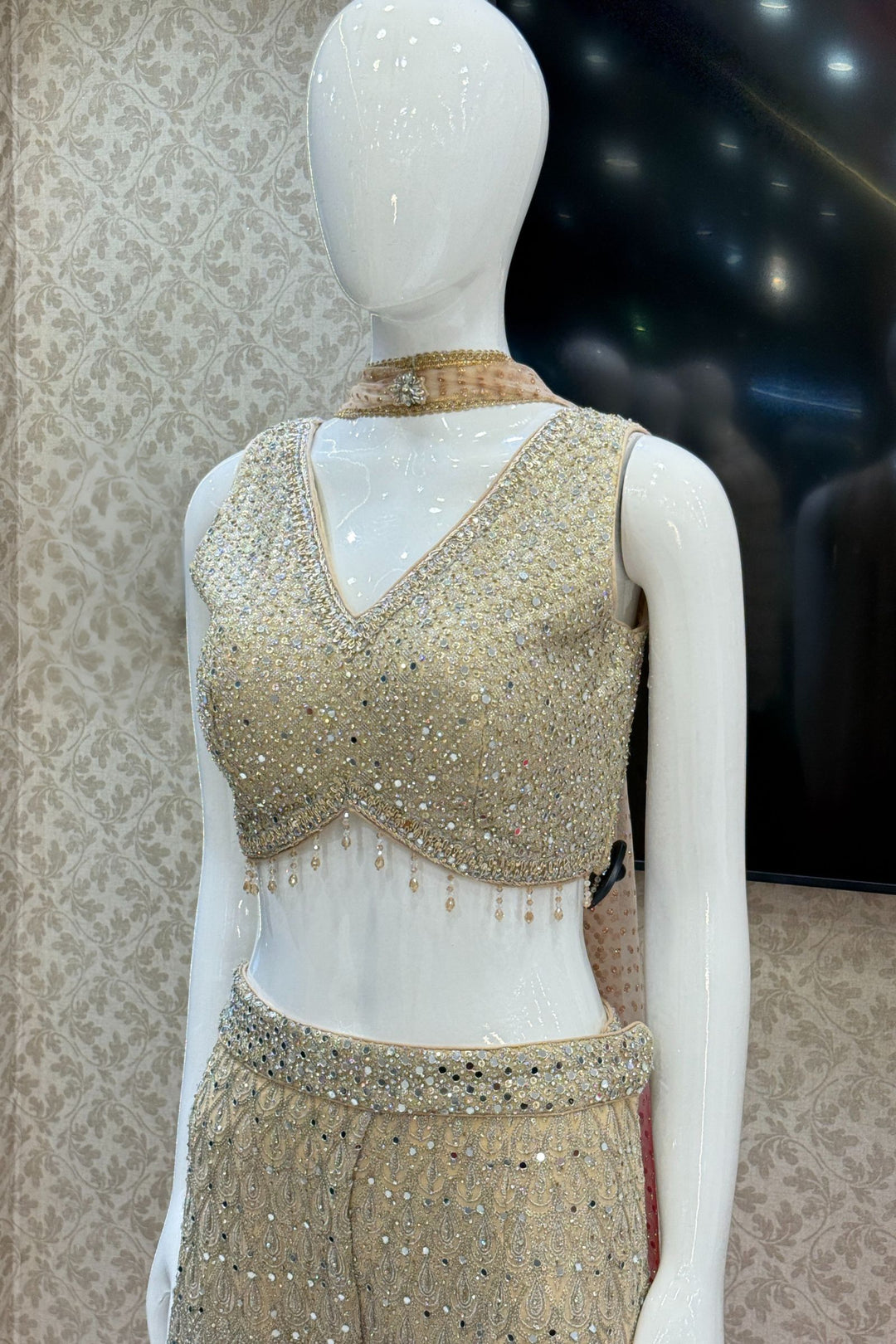 Beige with Maroon Sequins, Zardozi, Beads and Stone work Crop Top with Palazzo Pant