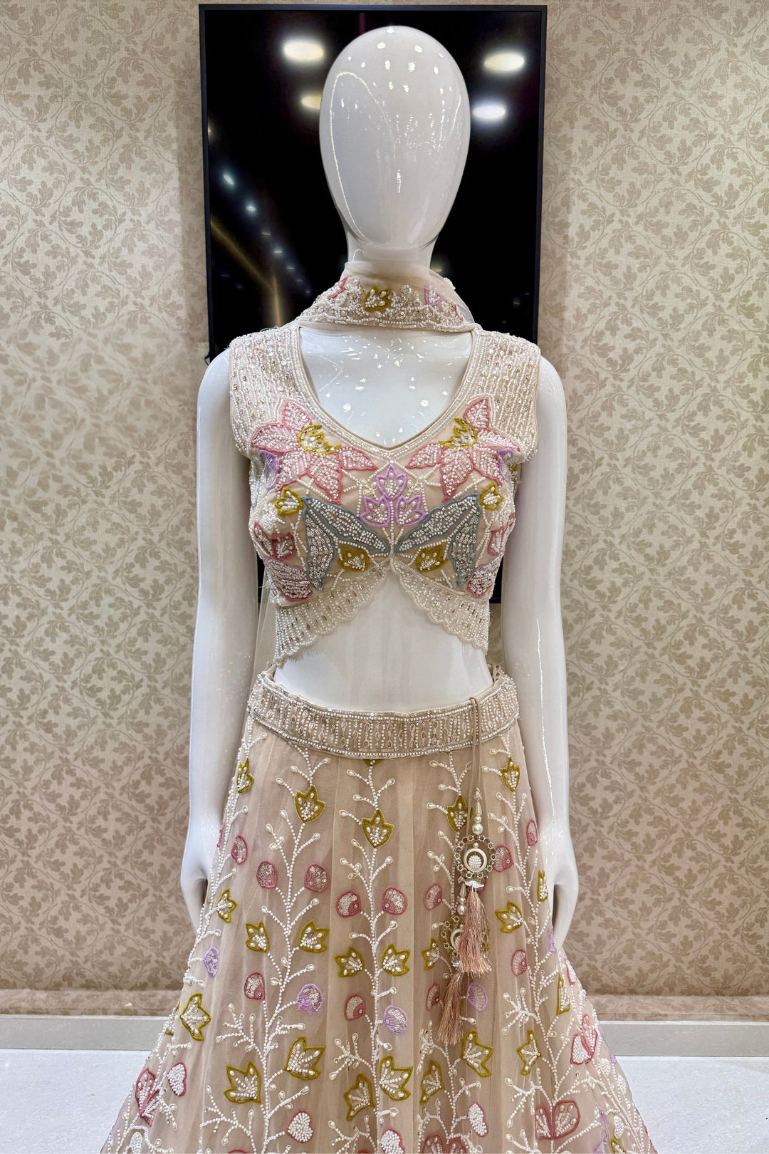 Beige Beads, Stone, Sequins, Pearl and Multicolor Embroidery work Designer Lehenga