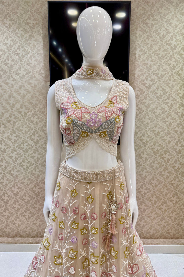Beige Beads, Stone, Sequins, Pearl and Multicolor Embroidery work Designer Lehenga