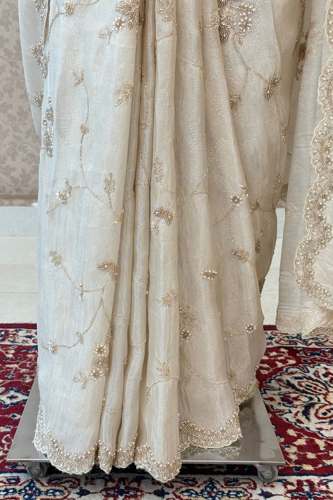 Beige Party Wear Saree with Sequins, Beads Border and Floral Motif Embroidery
