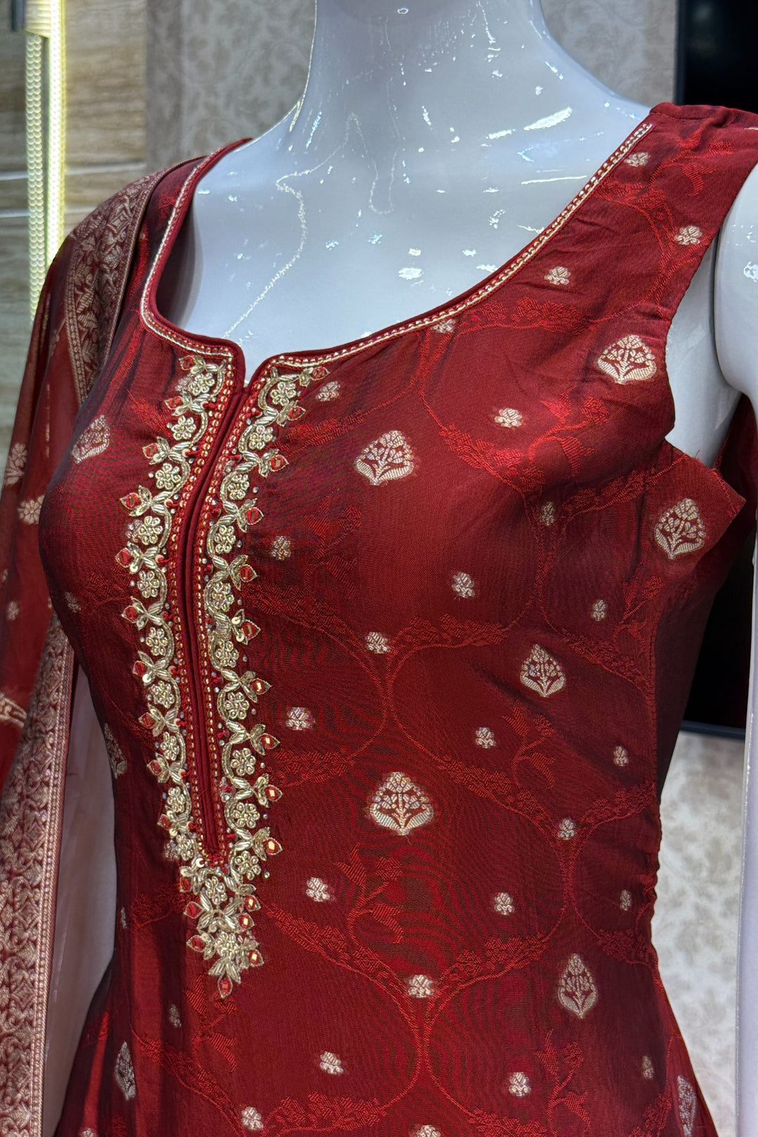 Maroon Zardozi, Sequins, Mirror, Stone, Brocade and Banaras work Straight Cut Salwar Suit