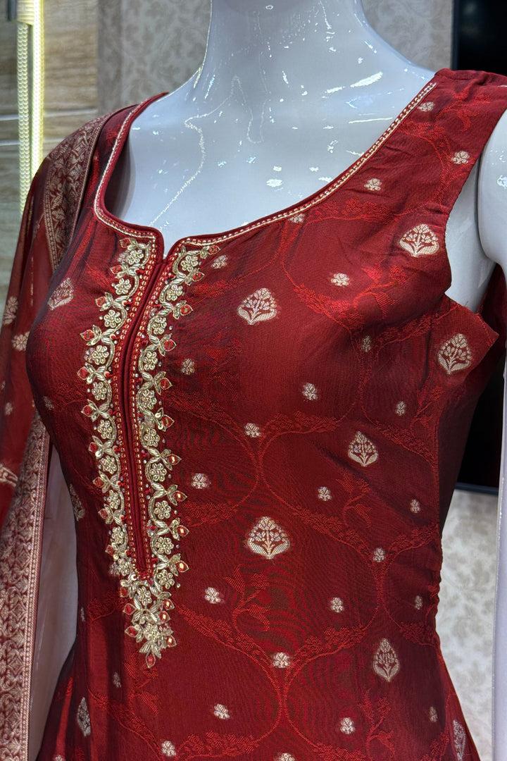 Maroon Zardozi, Sequins, Mirror, Stone, Brocade and Banaras work Straight Cut Salwar Suit
