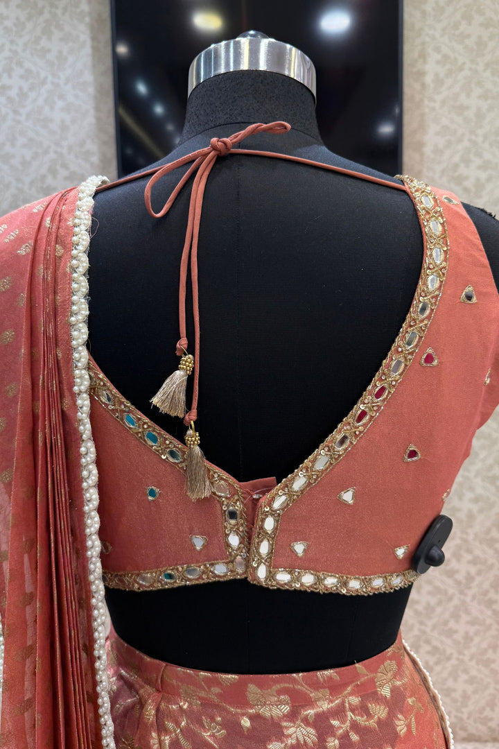 Rust Orange Readymade Banaras work Saree with Mirror work Readymade Blouse