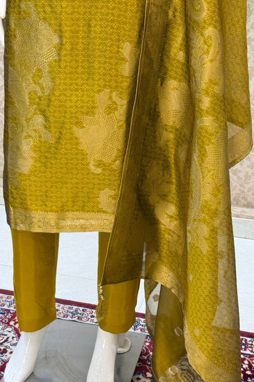 Olive Green Banaras, Stone, Zardozi, Beads and Zari work Straight Cut Salwar Suit