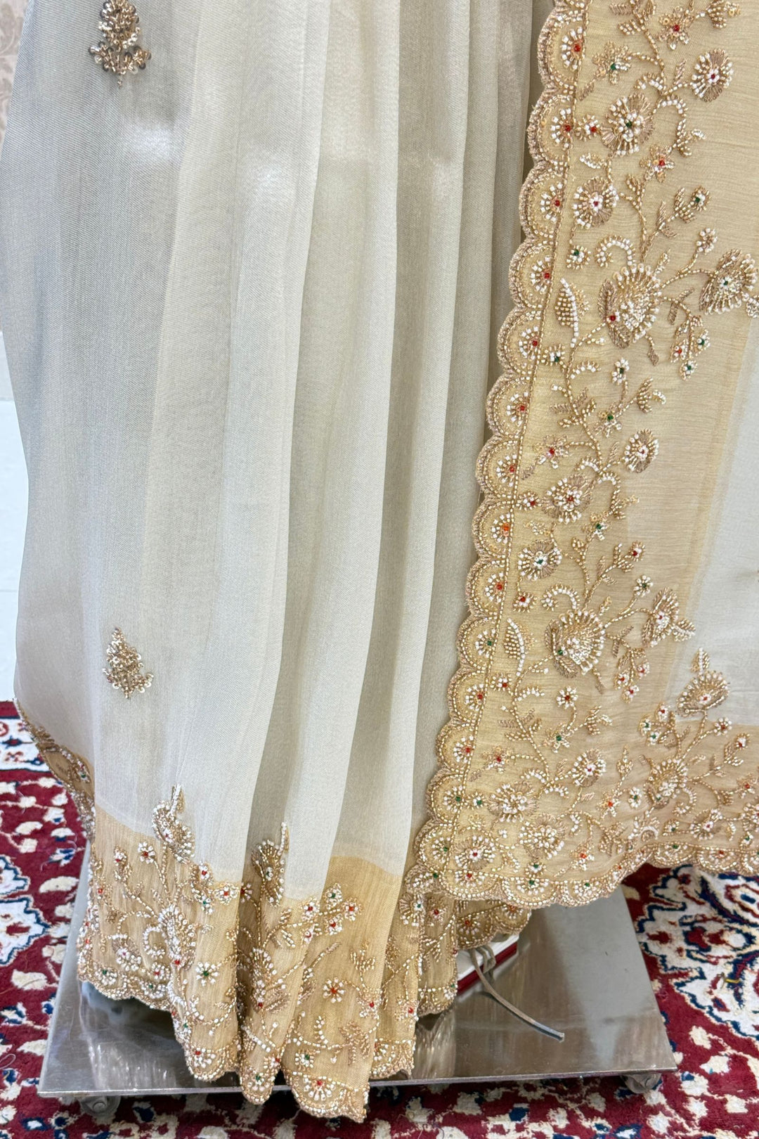 Cream Beads and Zari work Saree
