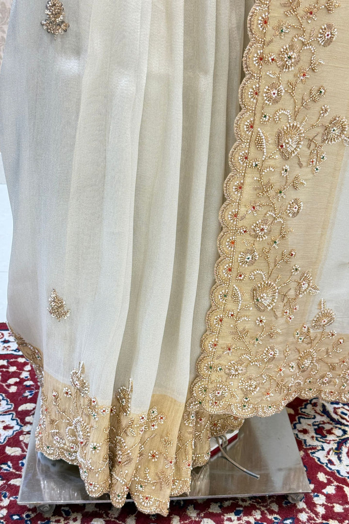 Cream Beads and Zari work Saree
