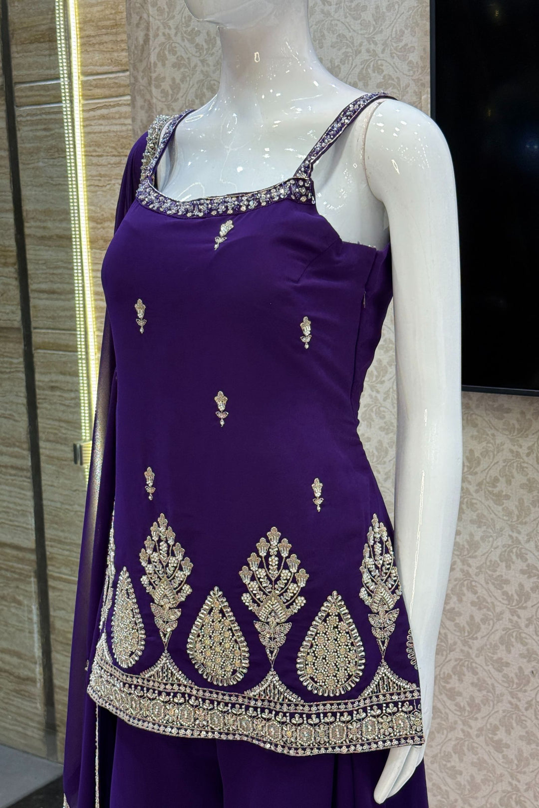 Purple Beads, Zari and Sequins work Palazzo Salwar Suit