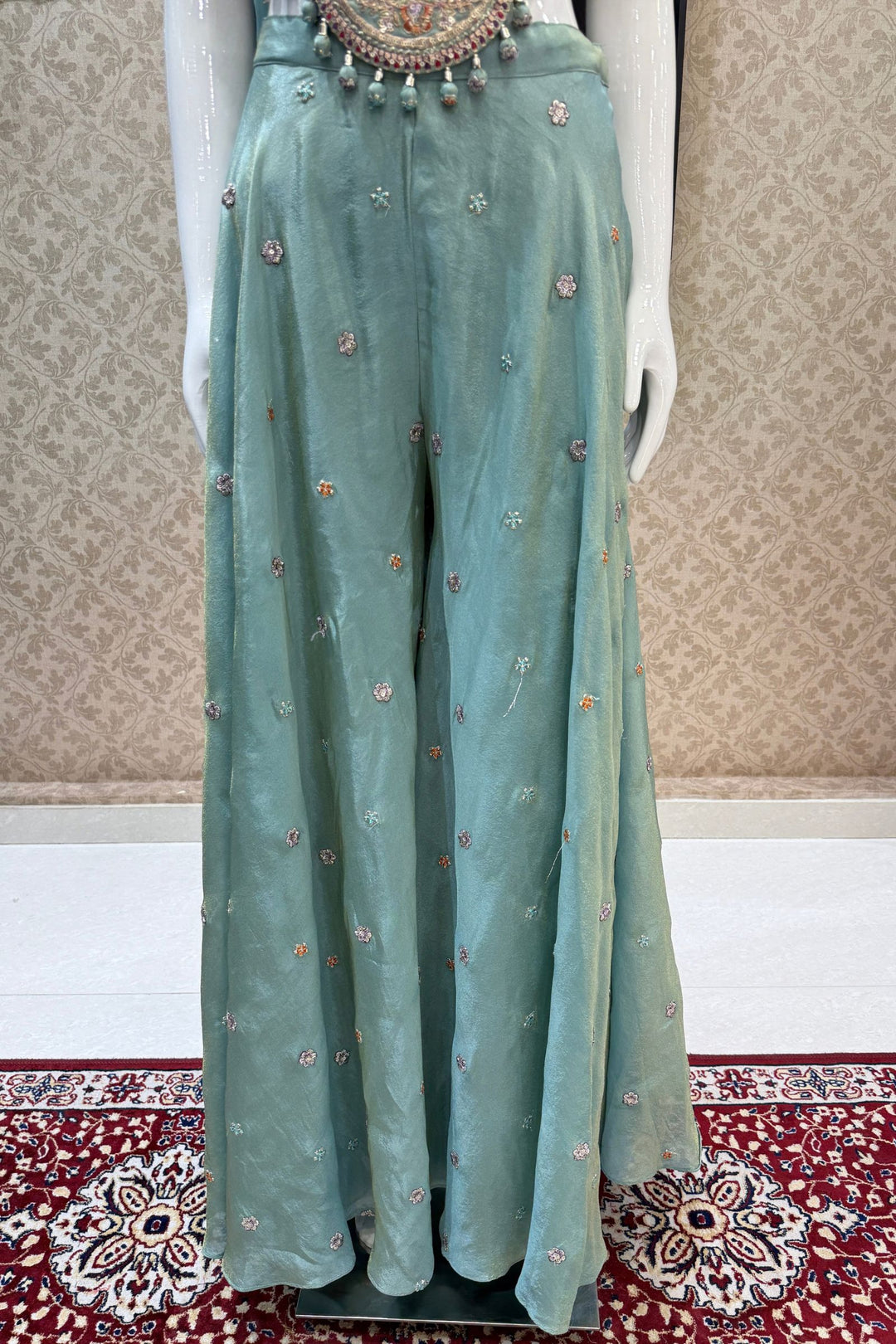 Sea Green Zari, Sequins and Multicolor Thread work Palazzo Suit Set