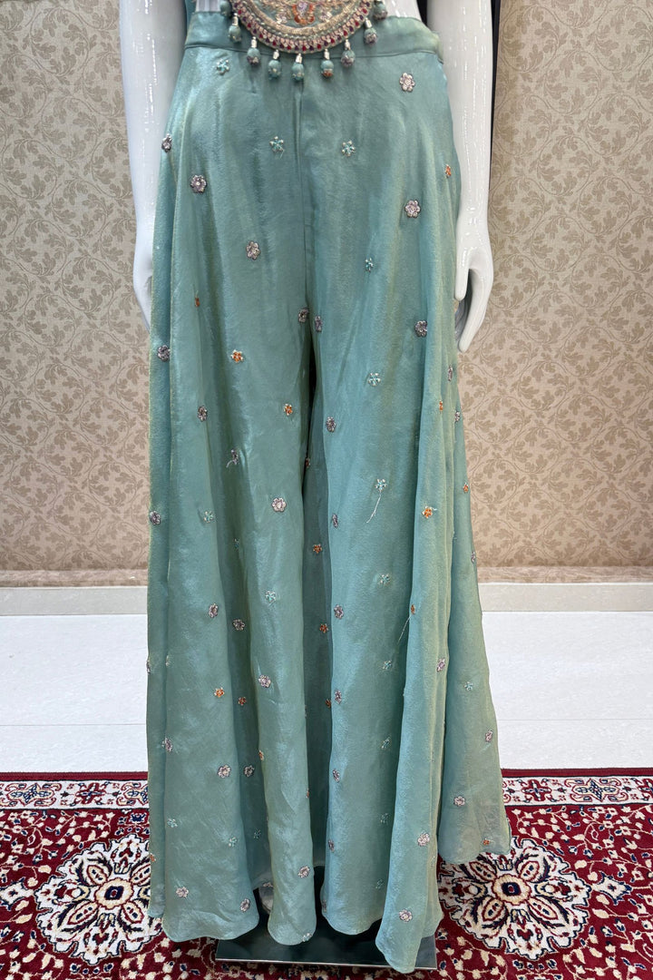 Sea Green Zari, Sequins and Multicolor Thread work Palazzo Suit Set