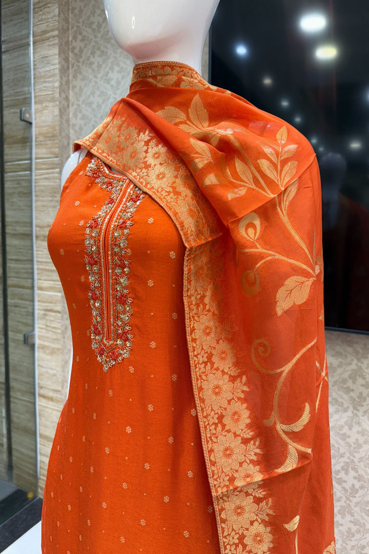 Orange Sequins, Beads, Zardozi, Stone and Banaras Butta work Straight Cut Salwar Suit