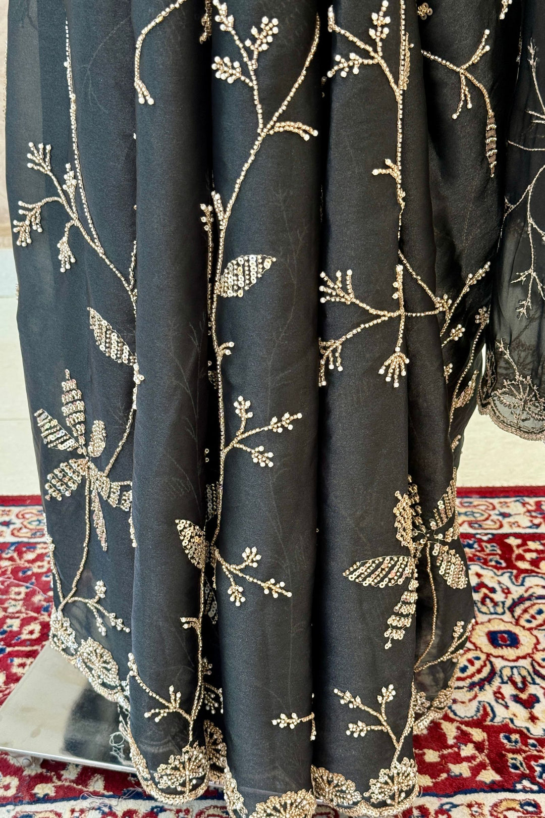 Black Saree with Beads, Zardozi, Zari and Pearl work