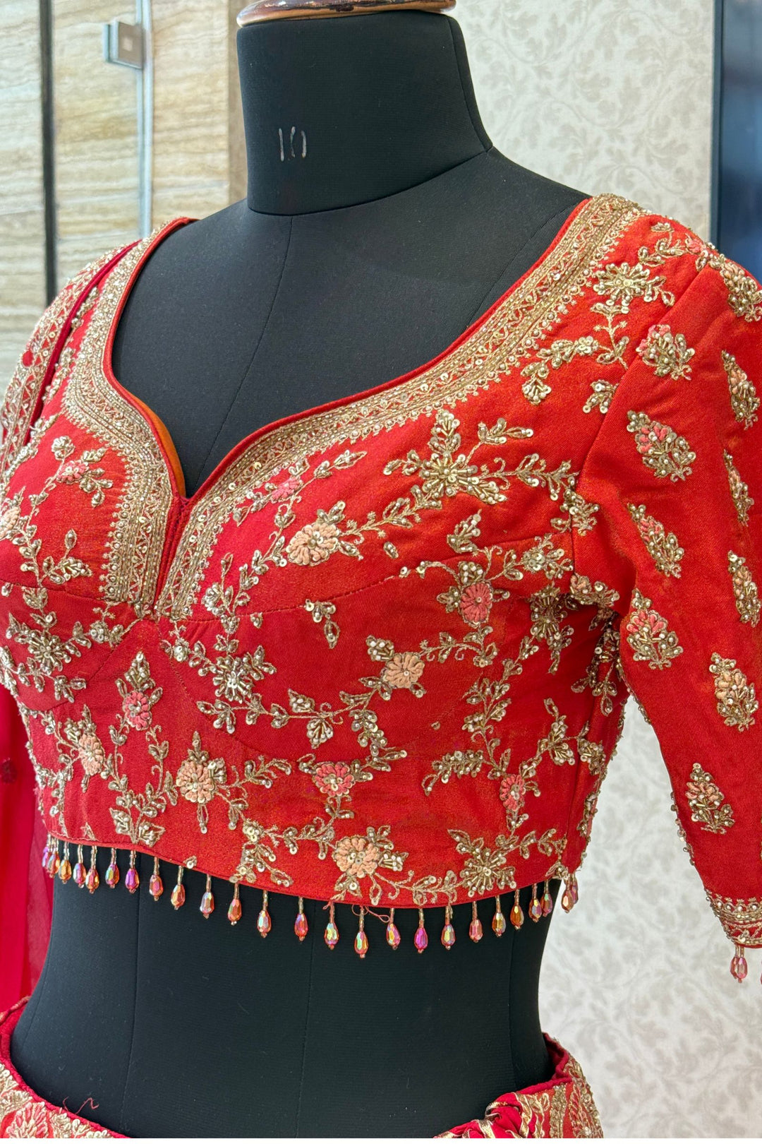 Tomato Red Beads, Zardozi, Sequins and Zari work Crop Top Designer Bridal Lehenga