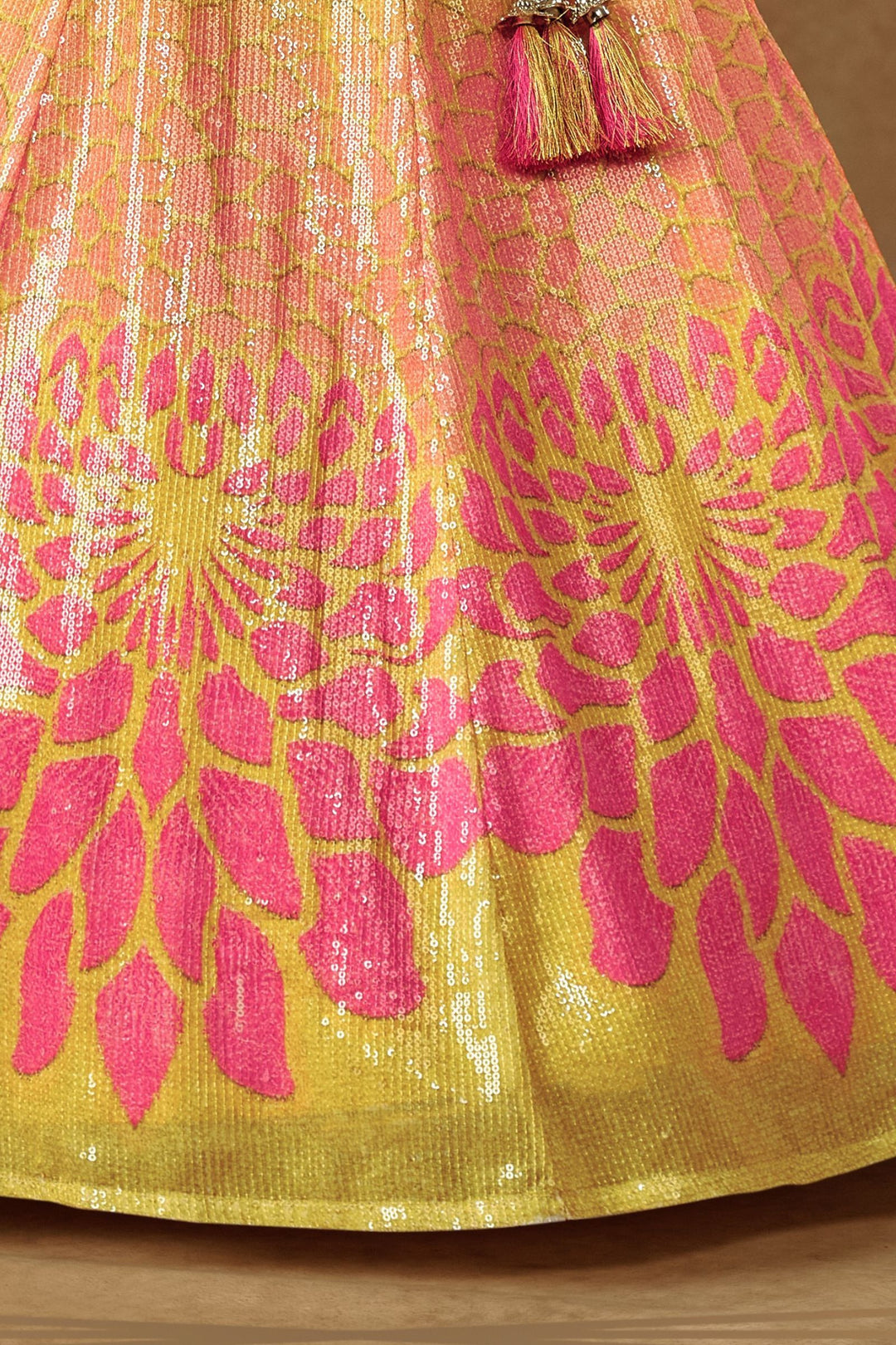 Yellow with Pink Digital Print, Sequins and Thread work Lehenga Choli for Girls