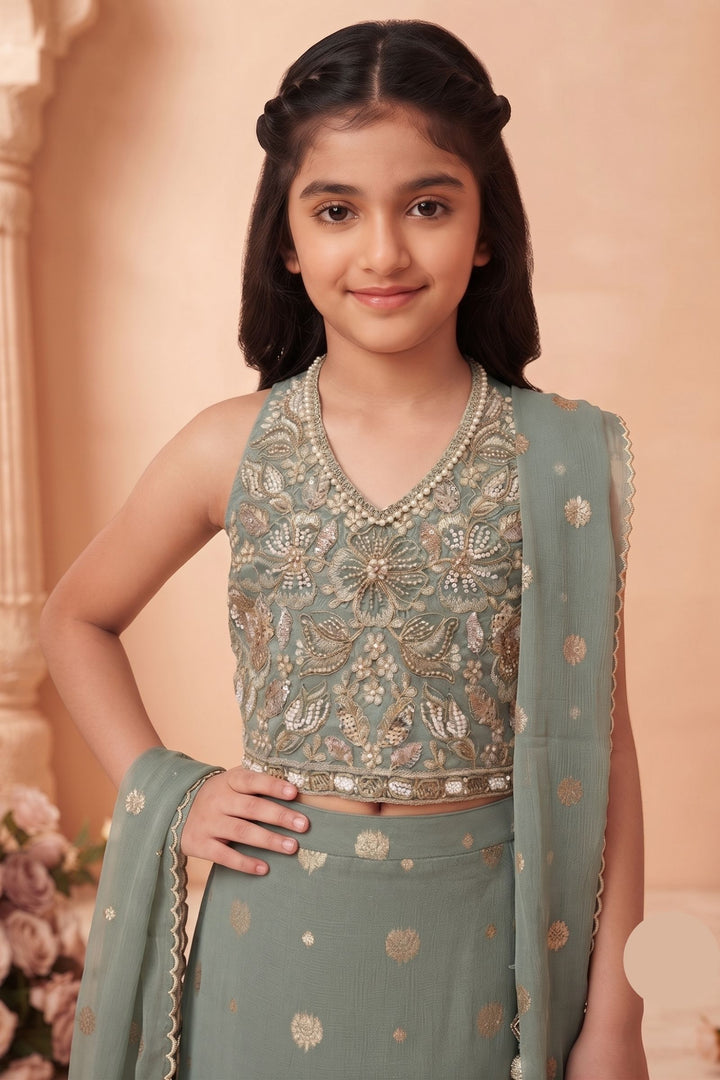 Sea Green Halter Neck Girls Lehenga Choli with Zari, Beads and Thread work