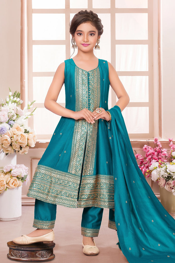 Rama Blue Sequins and Zari work Salwar Suit for Girls
