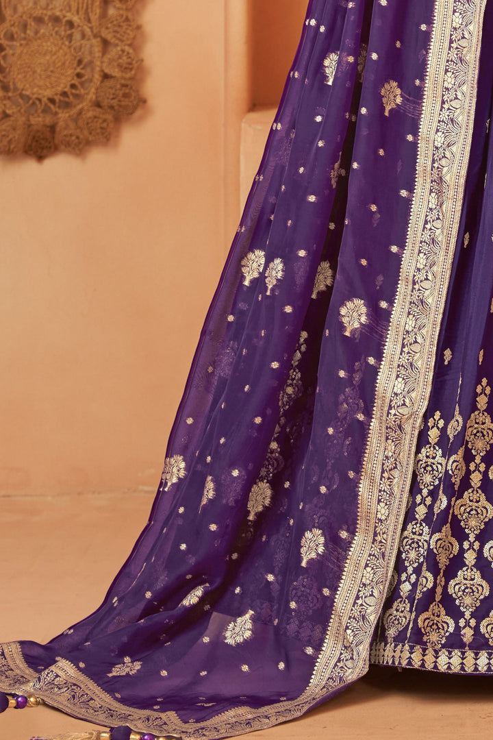 Purple Stone, Zari, Sequins and Beads work Crop Top Lehenga