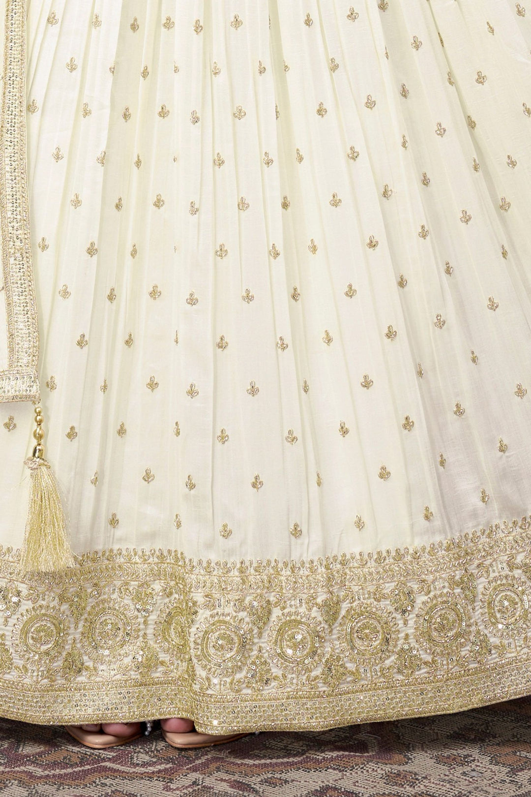 Half White Beads, Sequins and Zari work Crop Top Lehenga