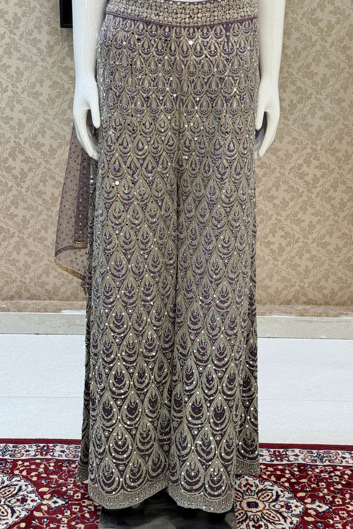 Lilac Zari, Sequins, Zardozi, Beads, Mirror and Stone work Crop Top with Palazzo Pant
