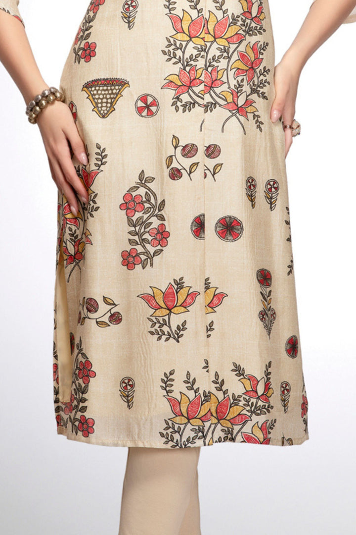 Beige Stone work with Floral Print Calf Length Kurti