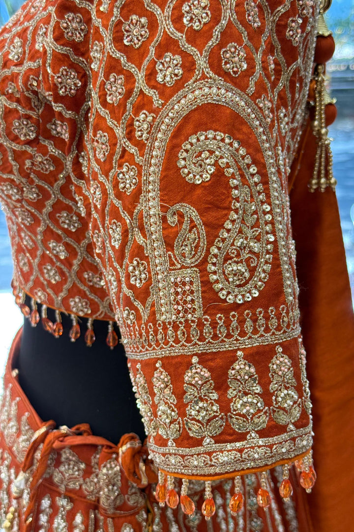 Rust Handworked Zardozi, Sequins, Pearl and Beads work Crop Top Designer Bridal Lehenga