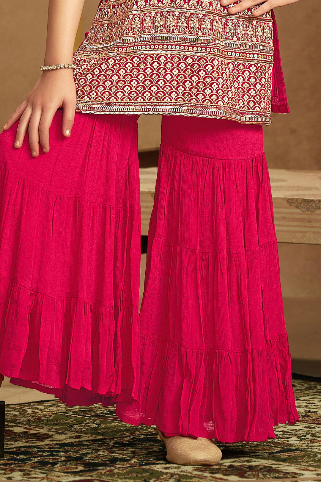 Rani Pink Sequins, Zari, Mirror, Stone and Beads work Sharara Suit Set for Girls