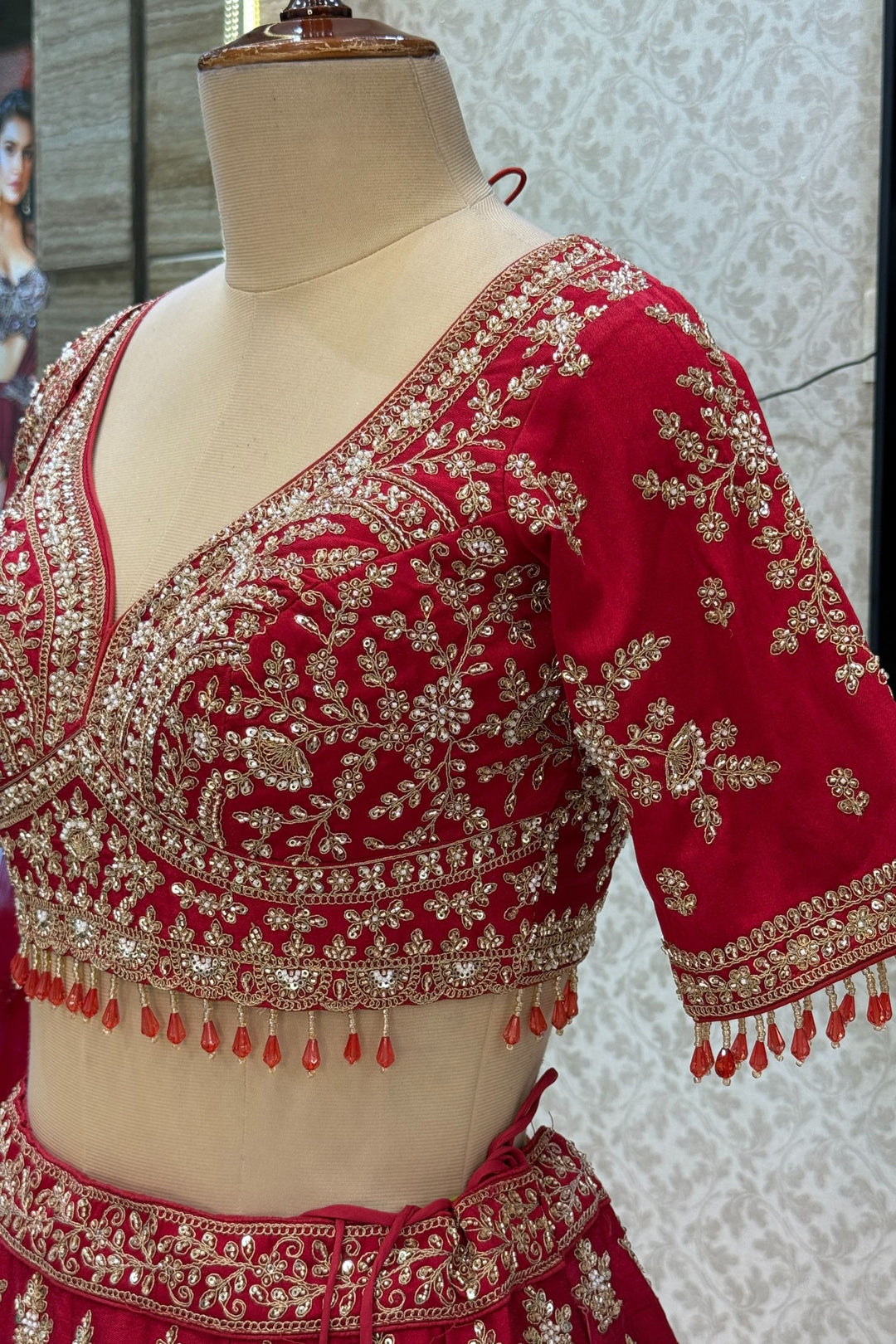 Maroon Beads, Zari, Zardozi and Sequins work Crop Top Designer Bridal Lehenga with Belt