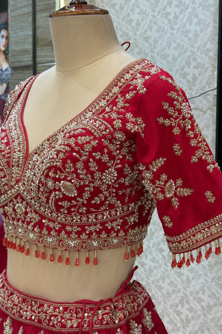 Maroon Beads, Zari, Zardozi and Sequins work Crop Top Designer Bridal Lehenga with Belt
