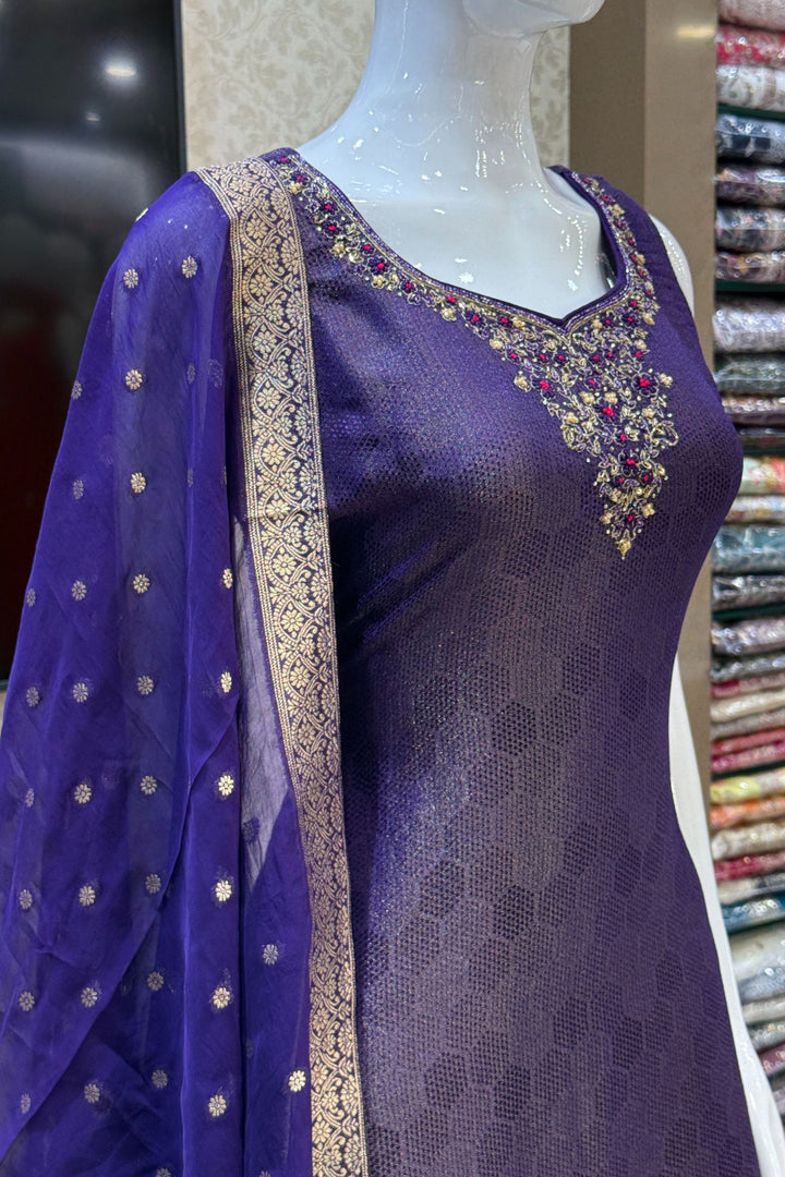 Purple Jacquard, Zari, Zardozi, Beads, Stone and Thread work Straight Cut Salwar Suit