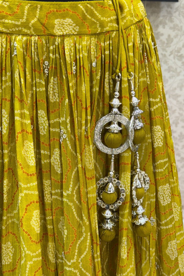 Liril Green Stone, Zardozi, Sequins and Mirror work with Bandini Print Crop Top Lehenga