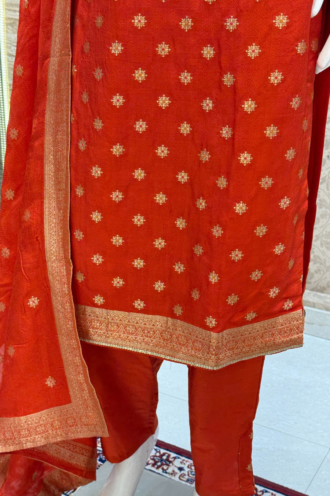 Orange Jacquard, Banaras Butta, Zardozi and Sequins work Straight Cut Salwar Suit