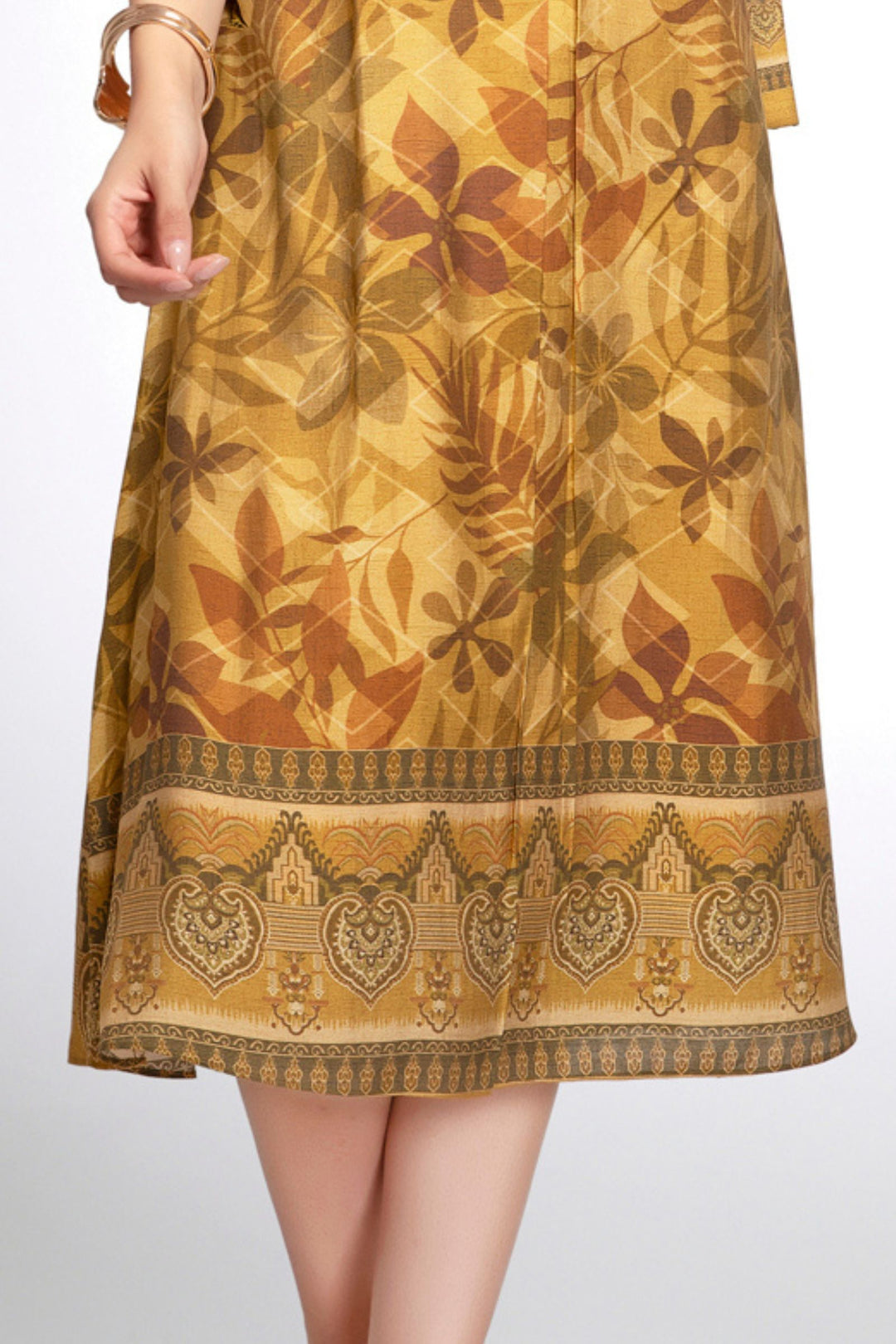 Mustard Beads, Sequins and Zardozi work with Digital Print A-Line Cut Calf Length Kurti