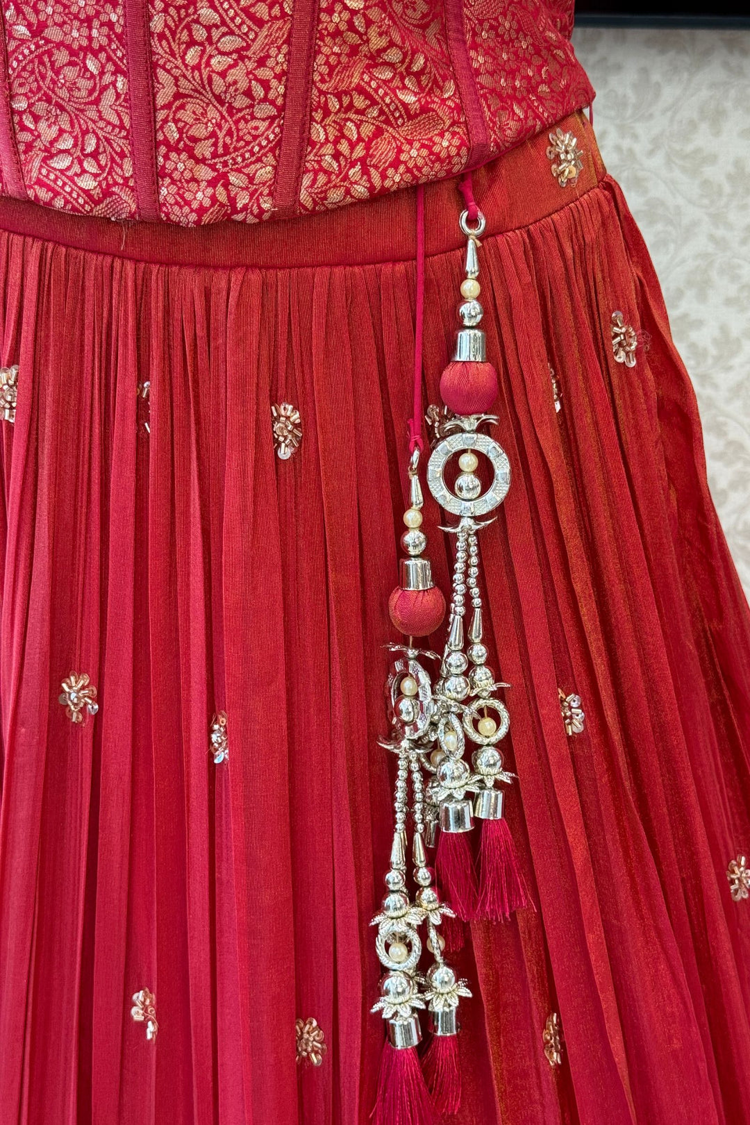 Rani Pink Brocade, Beads, Zardozi and Sequins work Corset Top with Lehenga