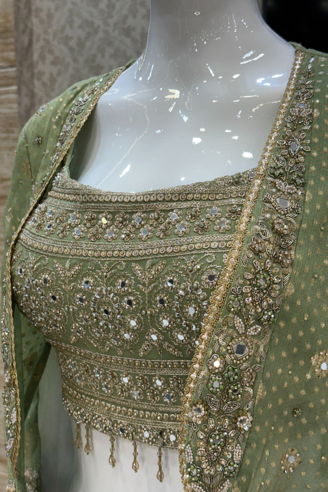 Pista Green Stone, Zari and Sequins work Crop Top with Overcoat Styled Palazzo Suit Set