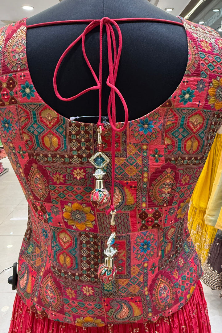 Rani Pink Zardozi, Beads, Mirror, Stone, Zari and Beads work Peplum Style Lehenga