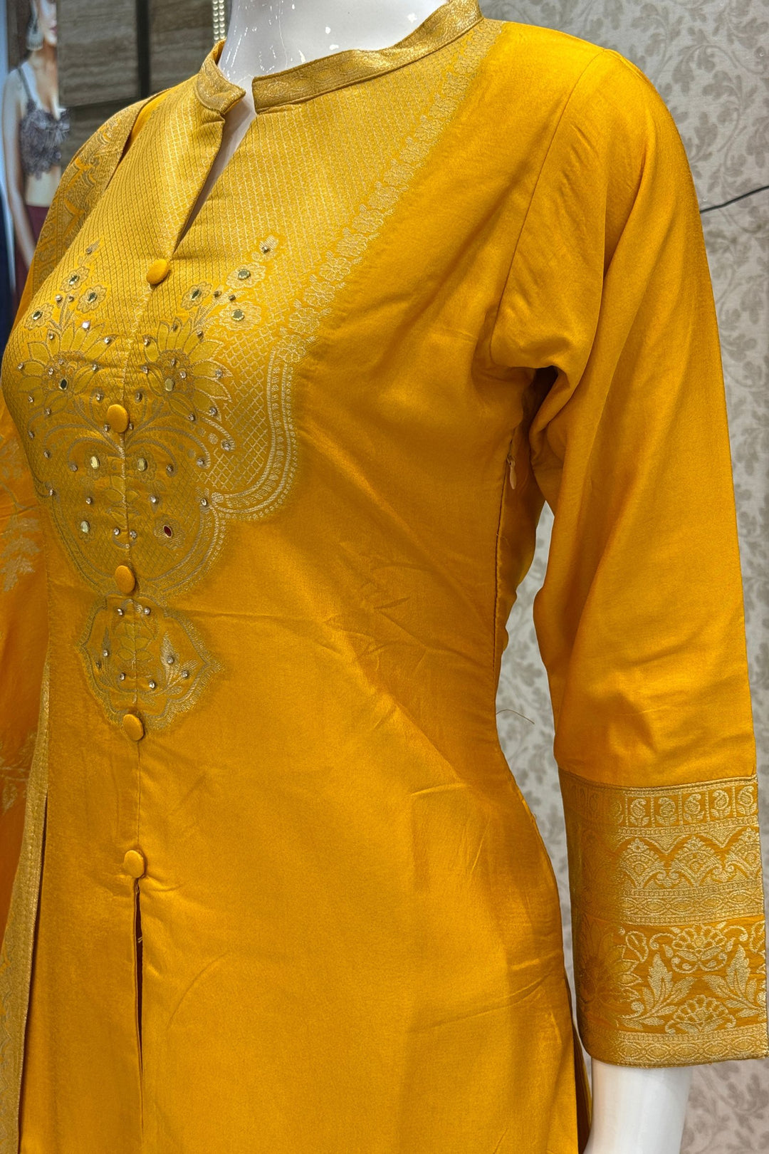 Yellow Straight Cut Salwar Suit with Stone, Mirror and Banaras work