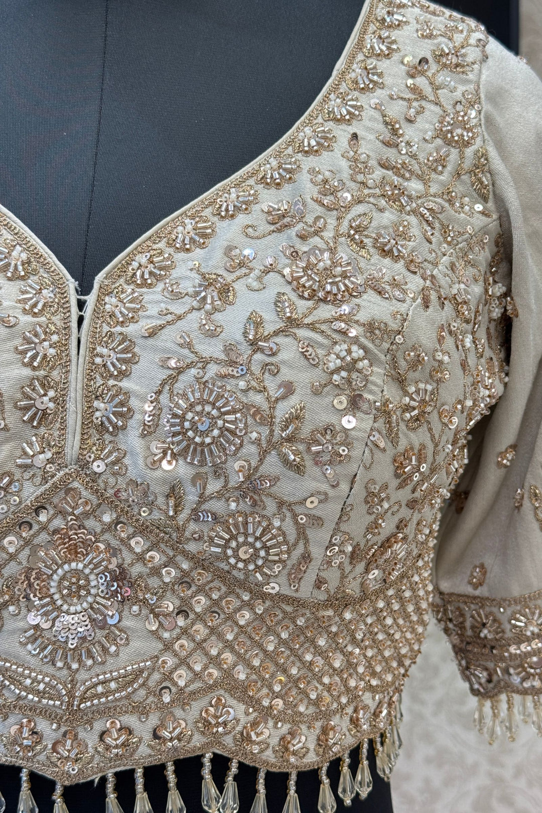 Designer Wedding Lehenga in Cream with Beads, Zari and Sequins Work