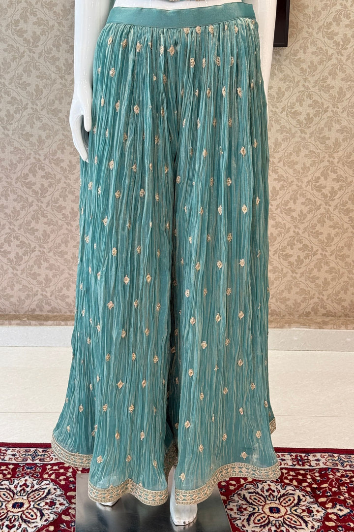 Sea Blue Zari Thread, Mirror and Stone work Palazzo Set with Corset Top