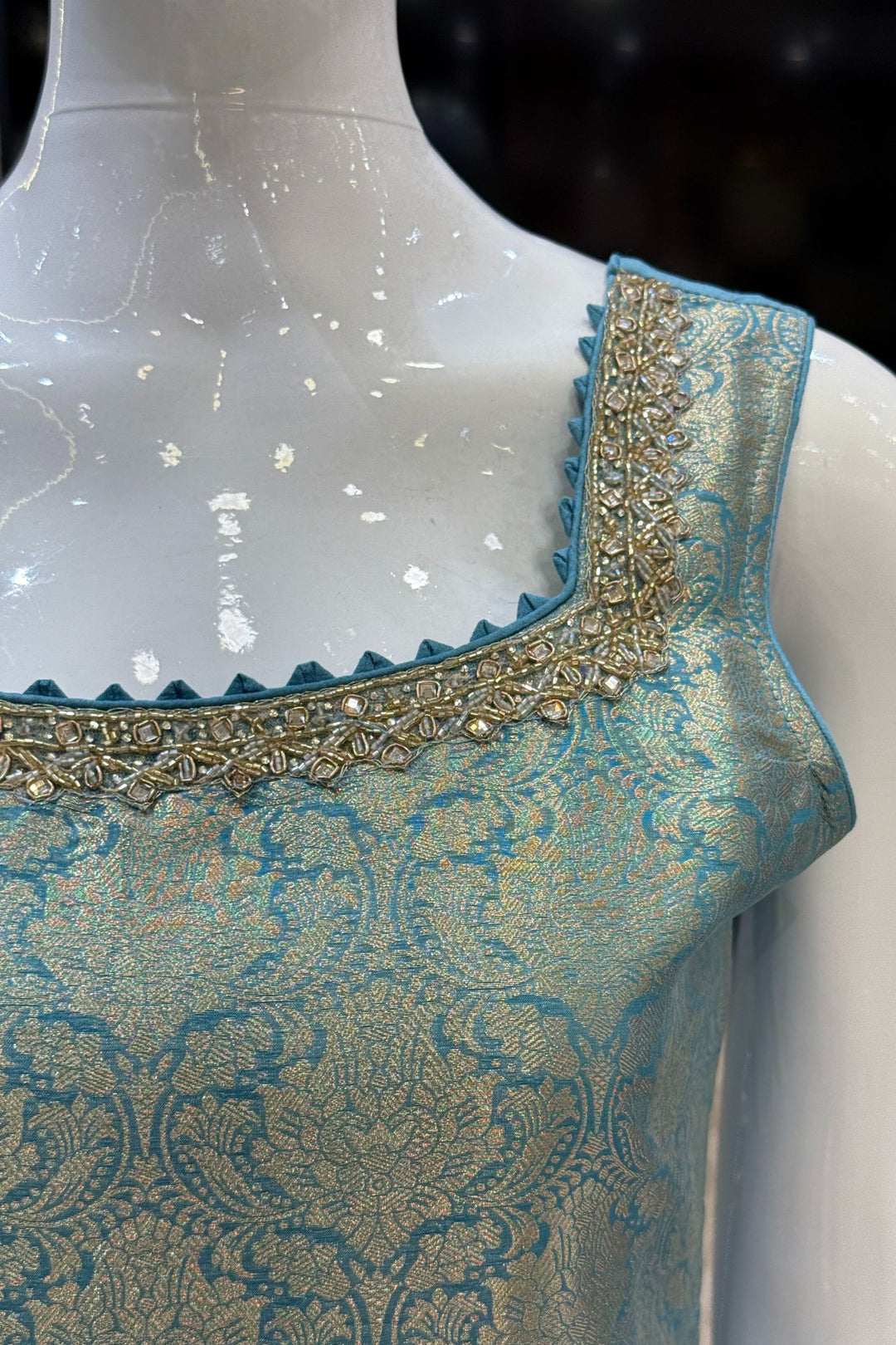 Sea Blue Beads, Mirror, Stone, Banaras and Brocade work Straight Cut Salwar Suit