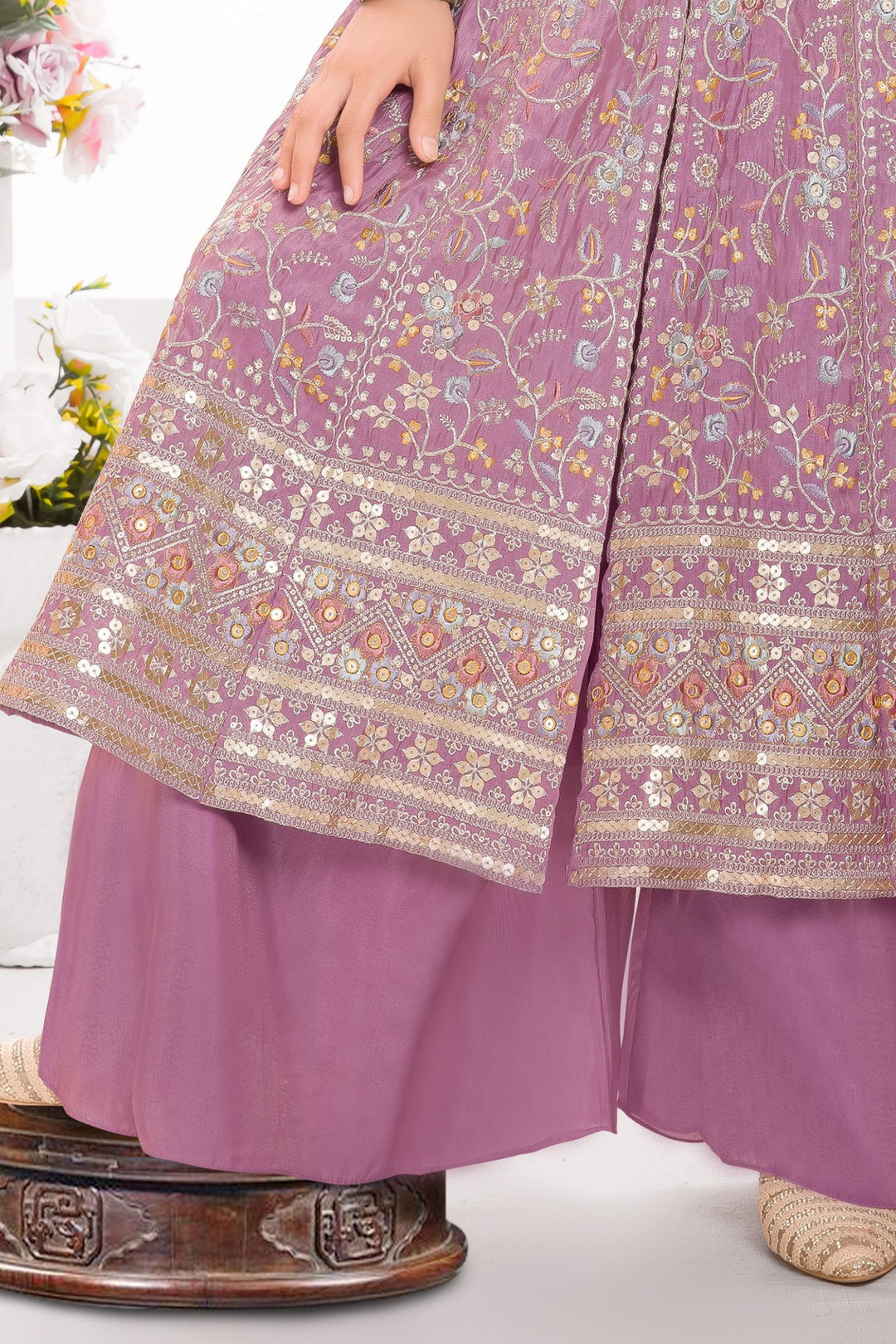 Light Lavender Multicolor Thread, Zari and Sequins work Palazzo Suit Set for Girls