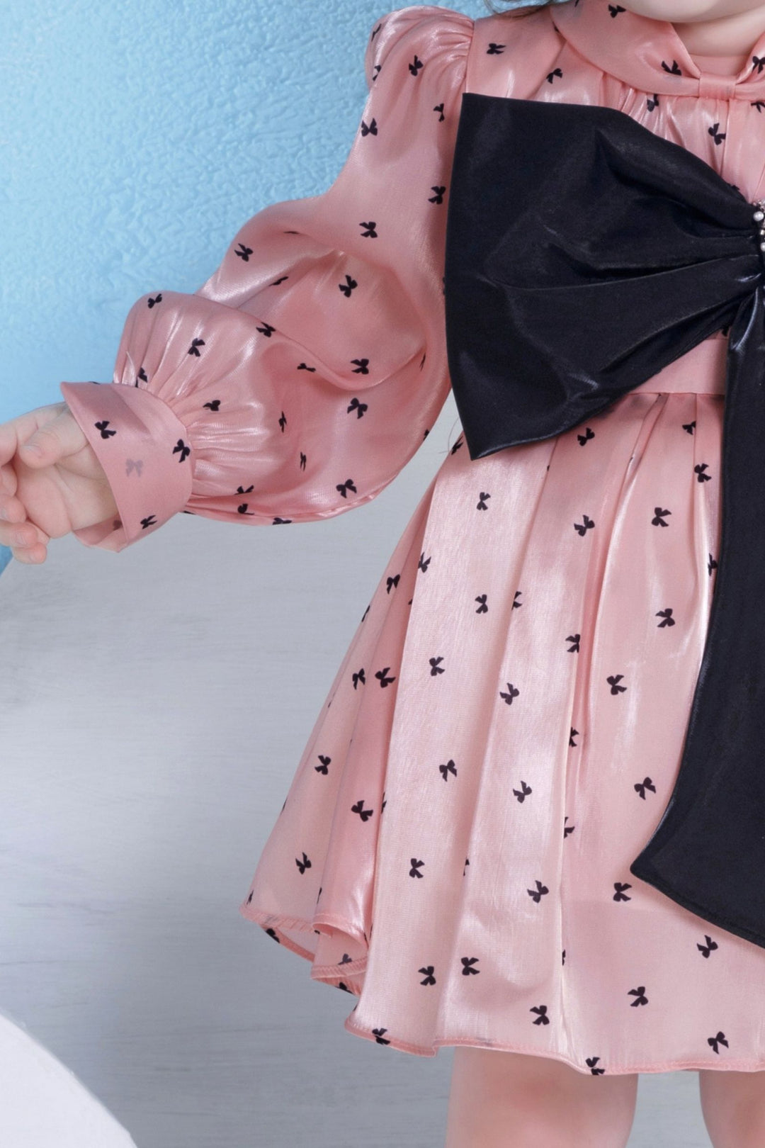 Peach with Black Printed Partywear Short Frock for Girls