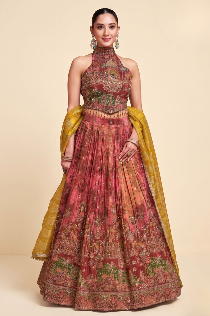 Maroon and Rose Designer Halter Neck Lehenga Set with Mustard Dupatta