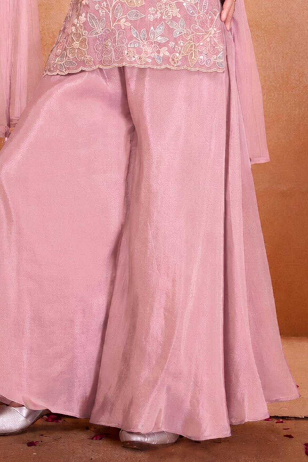 Pink Beads, Stone and Multicolor Thread work Palazzo Suit Set for Girls