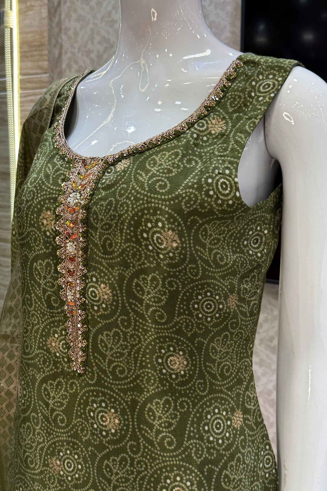 Mehendi Green Zari Weaving and Banaras work with Bandini Print Straight Cut Salwar Suit